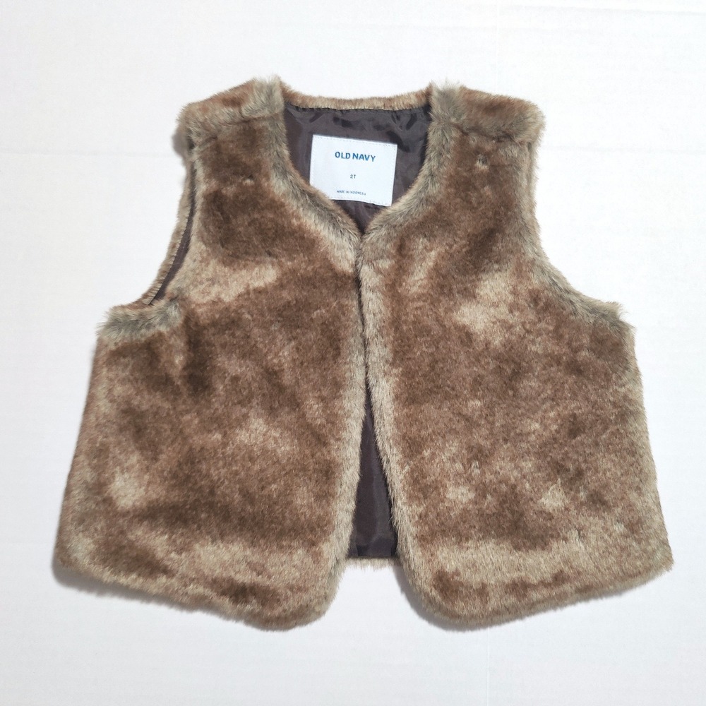 Old Navy Girls Faux Fur Vest 2T Brown Boho Western Mini Mob Wife Sleeveless